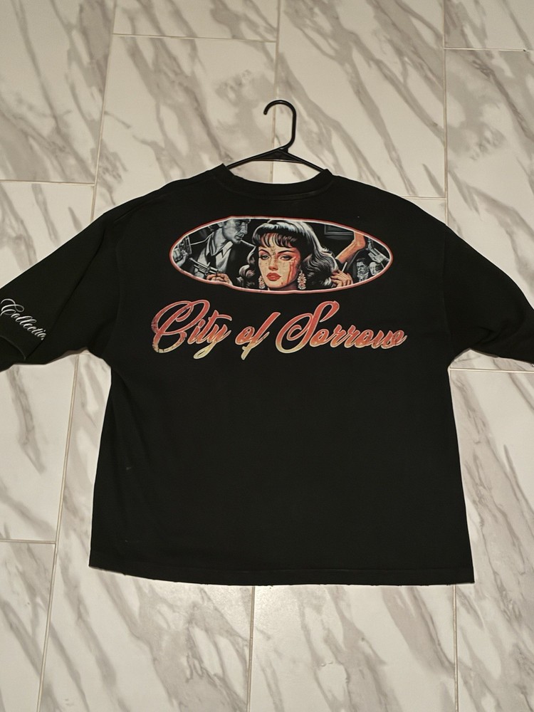 Prestige Black Graphic Print Streetwear Religious Men’s T-Shirt Distressed Hem