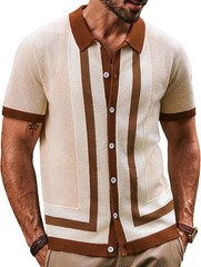 Mens Vintage Striped Knitted Polo Shirt Short Sleeve Button Down Golf Casual Top