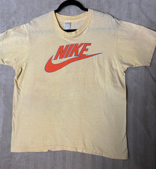 RARE True Vintage Nike 1970’s “Pinwheel Tag” T-Shirt Yellow XL Made in USA Faded