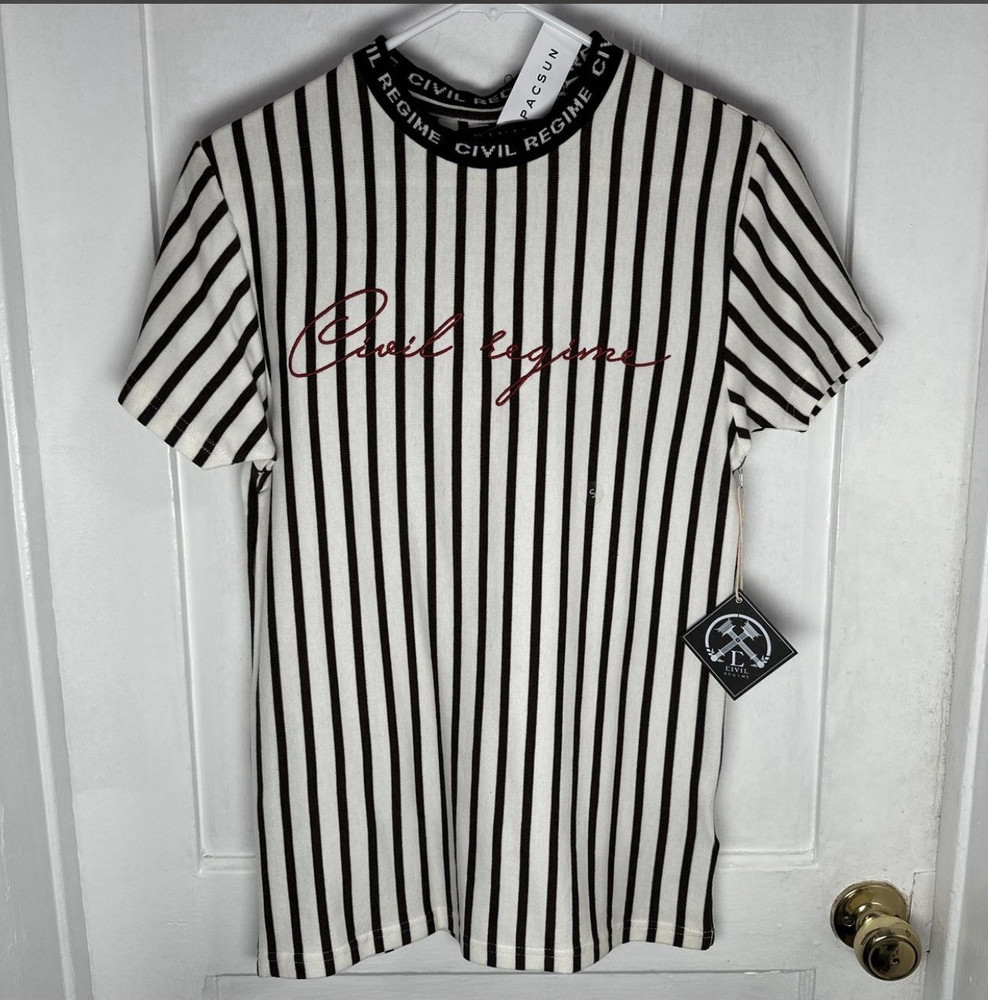 Civil Regime Men’s S Black/White Striped Logo Crew Neck Short Sleeve T-Shirt