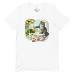 Cat Slip Happens Funny T-Shirt Front Only Random Meme White Silver Unisex