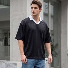 Men’s Contrast Collar Jersey T Shirt Loose Fit Short Sleeve Streetwear Top