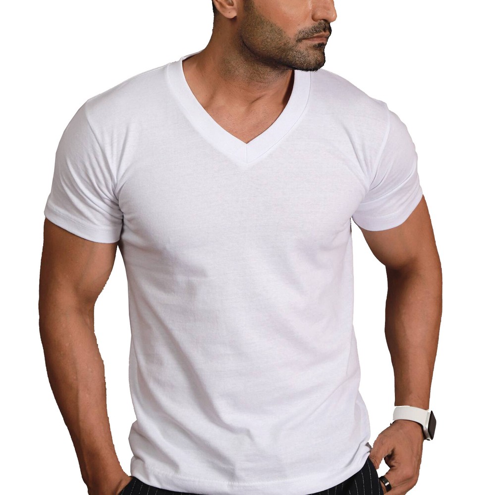 Men’s Classic Fit Thick Collar Heavyweight Cotton Off White V-Neck T-Shirt – S
