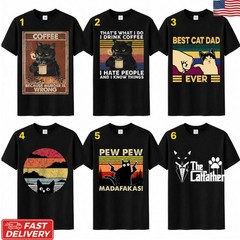 Funny Cat T-Shirt Vintage Coffee Pew Pew Best Cat Dad Graphic Unisex Tee