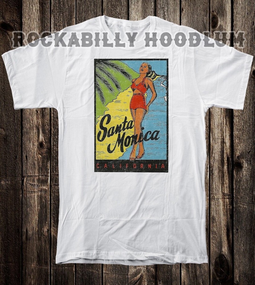 Retro Travel Tee T Shirt Pinup Girl California State Santa Monica