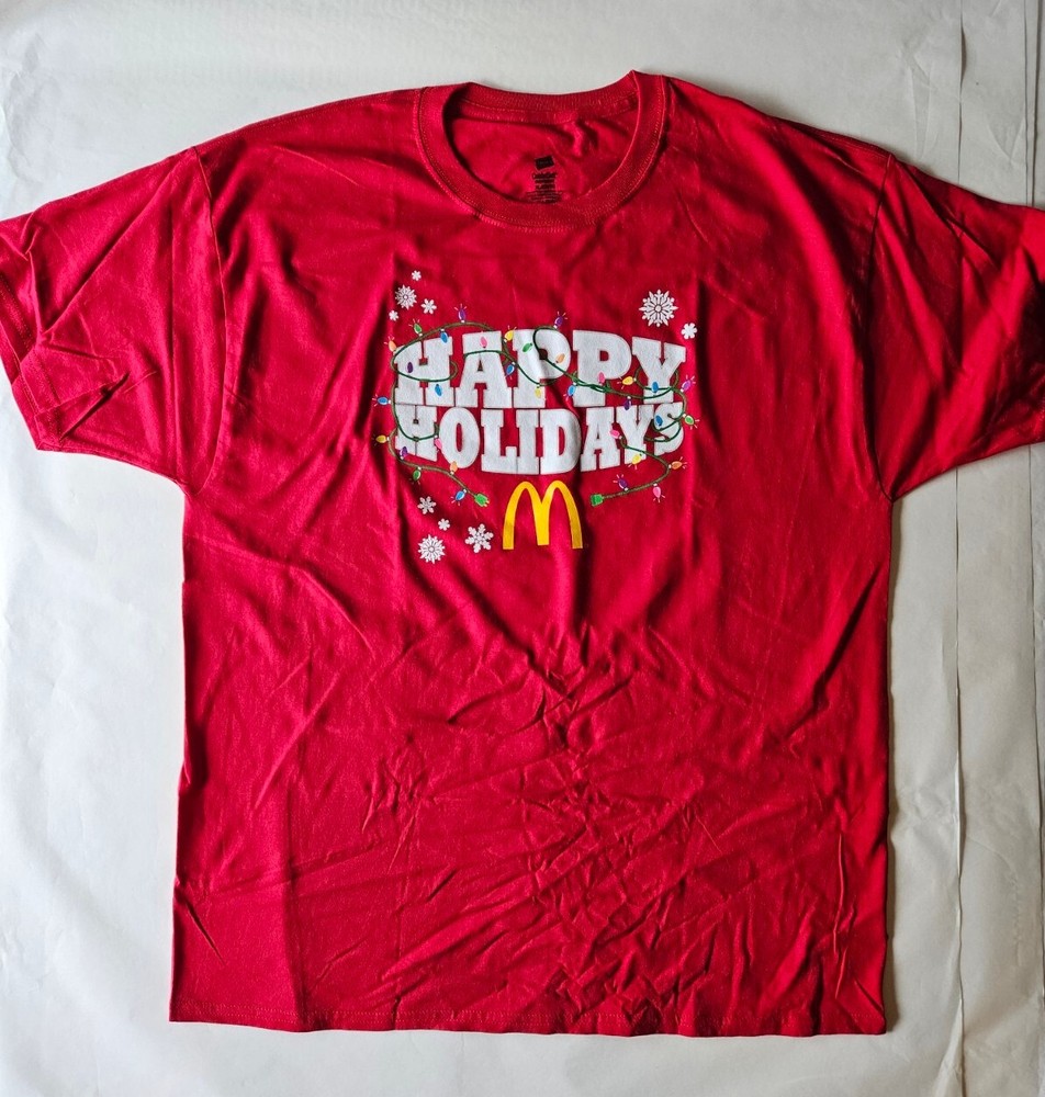 McDonalds Happy Holidays Mens T-Shirt XL Red Crew Worker Christmas Lights Shirt