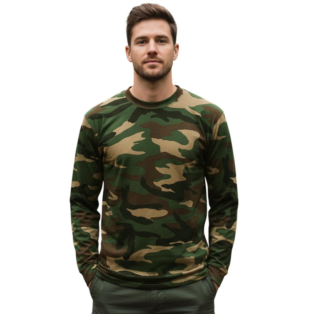 Mens Game Woodland Camouflage Long Sleeve Crew Neck T Shirt | Army Camo Top