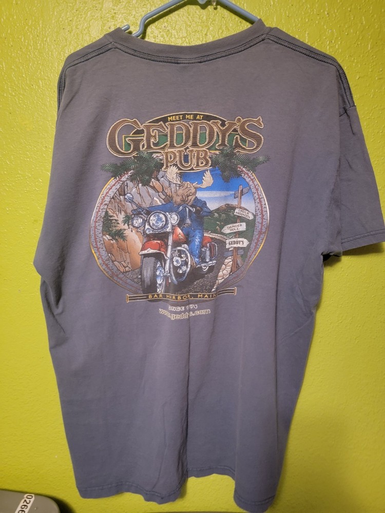 Collectible Geddys Pub Bar Bar Harbor Maine Moose On A Motorcycle Blue Shirt XL