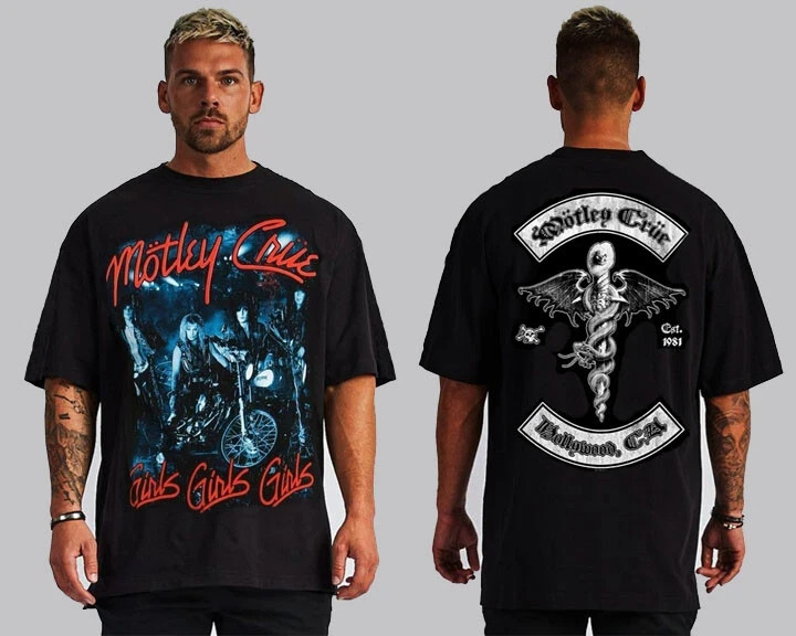 MOTLEY CRUE GIRLS GIRLS FRONT AND BACK PRINT HARD ROCK BLACK T SHIRTS