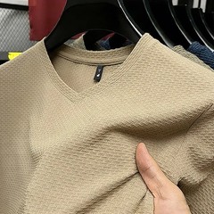 Fashion Men’s Business Casual Ice Silk T-Shirt V Neck Short Sleeve Khaki Daily W