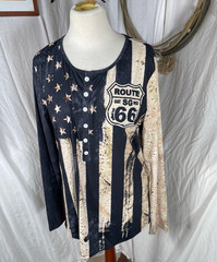 Route 66 Mens Shirt Large Henley Flag USA Blue Brown Button Easy Care