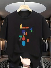 Crew Neck Short Sleeve T-Shirt | Colorful Geometric Number Pattern, Casual Style