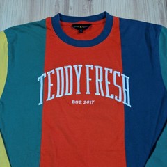 Teddy Fresh Shirt Mens Medium Color Block Pullover Spellout Embroidered Retro