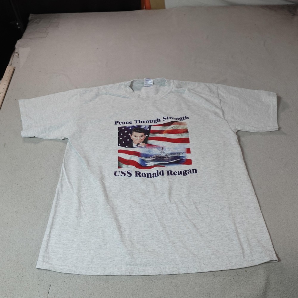 Vintage Ronald Reagan Shirt Mens XL Gray USS Peace Through Strength Tee Gildan