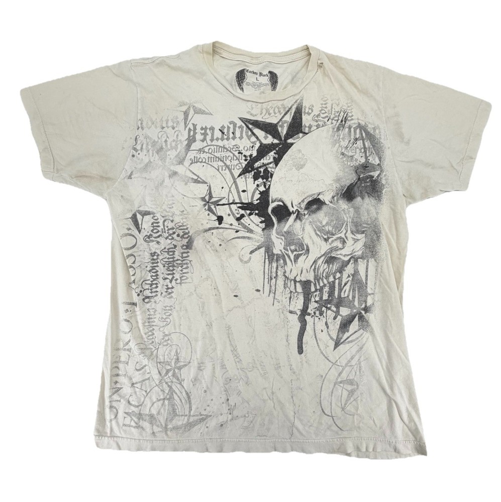 Carbon Black AOP Graphic Double Sided Skulls Stars Rock Grunge Shirt Size Large