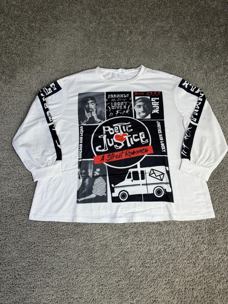 YITEMEI Shirt Mens 44 White Poetic Justice Graphic Long Sleeve Crew Neck
