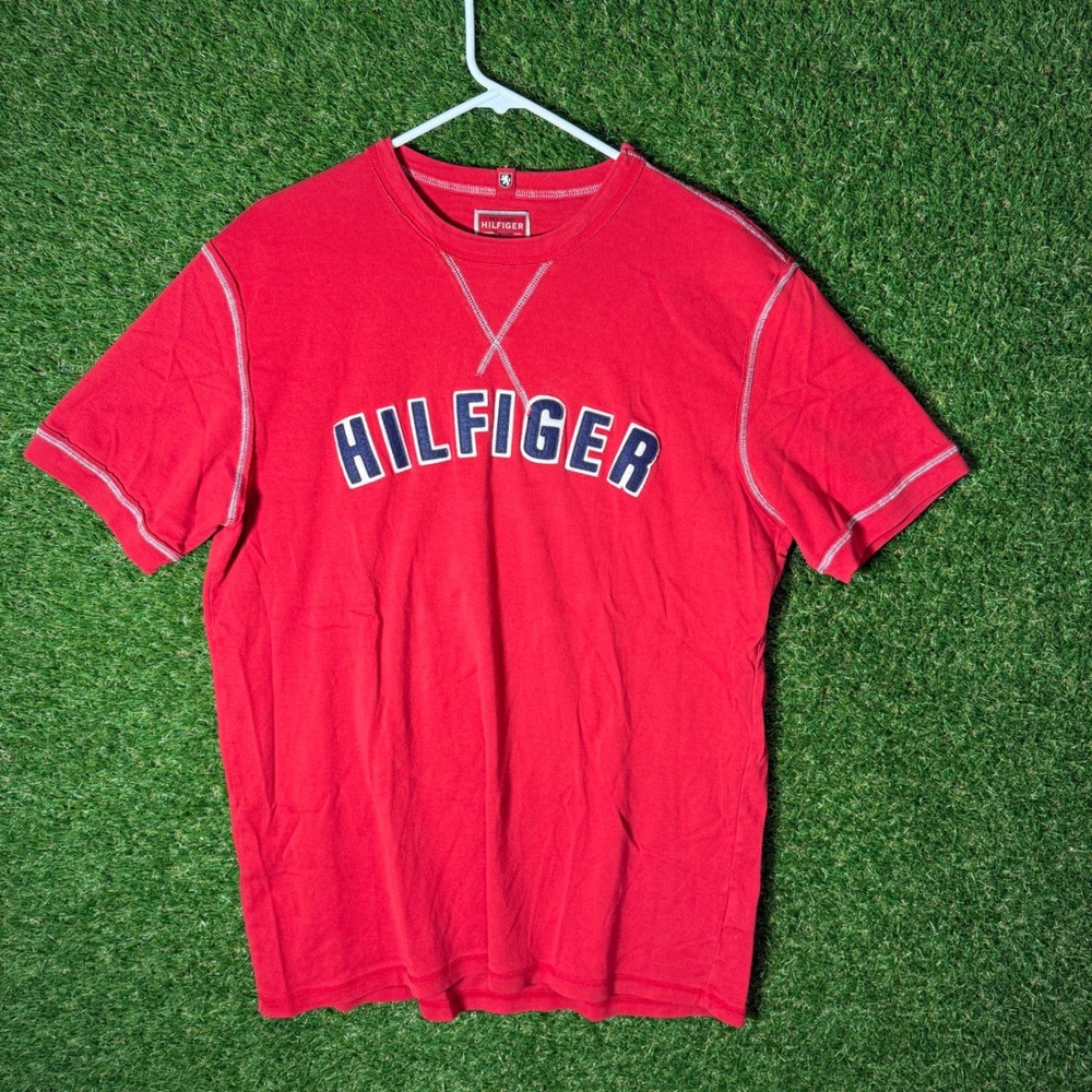 Mens Tommy Hilfiger Red Denim Logo T Shirt XL/XG Vintage Retro Casual Streetwear