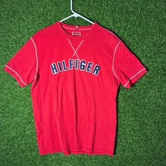 Mens Tommy Hilfiger Red Denim Logo T Shirt XL/XG Vintage Retro Casual Streetwear