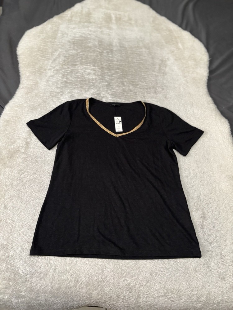 New Talbots Mens Black V Neck Short Sleeve T Shirt Size XS Gold Linen Blend
