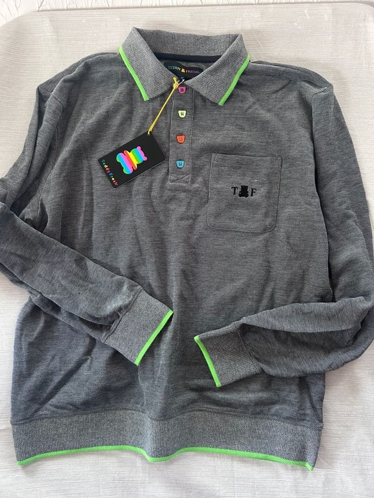 Nwt Teddy Fresh Long Sleeve Polo Shirt Gray Size M