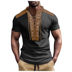 Men’s New Summer Color Contrast Small Stand Lace Up Short Sleeved Top Men’s T