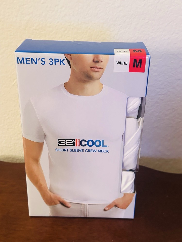 32 Cool Degrees Mens 3pk Shirt Medium Short Sleeve Crew Neck White Anti Odor New