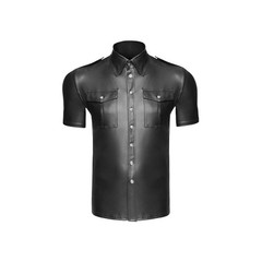Men Black Faux Leather Short Sleeve Collared Shirt Wet Look Top Blouse