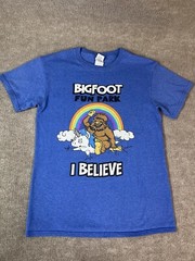 Adult S T Shirt Bigfoot Fun Park Rainbow Unicorn Believe Fantasy Blue Travel