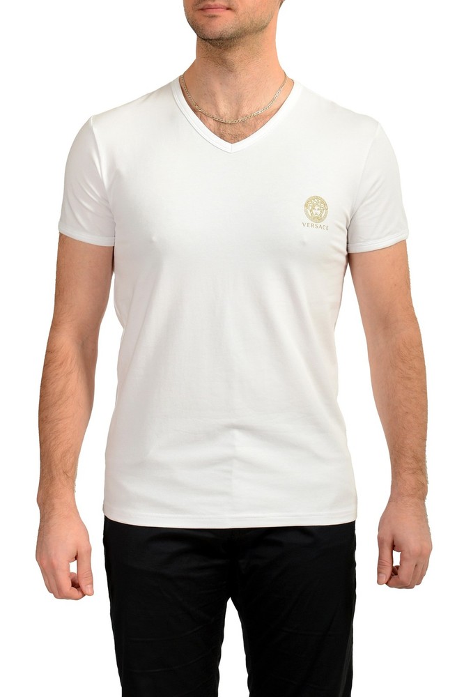 Versace Men’s White Gold Medusa Print V-Neck T-Shirt Versace sz 8 US 2XL IT 56