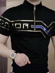 New Men Luxury Diamond Rhinestones Fashion Black Polo T-Shirt High Quality