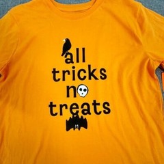 NEW Halloween Shirt Apricot/ Orange All tricks n treats Crow Bat Skull Print