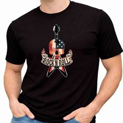 Rock N Roll Skull Guitar Tee American Flag Music Band Rock Punk Graphic T-Shirt.