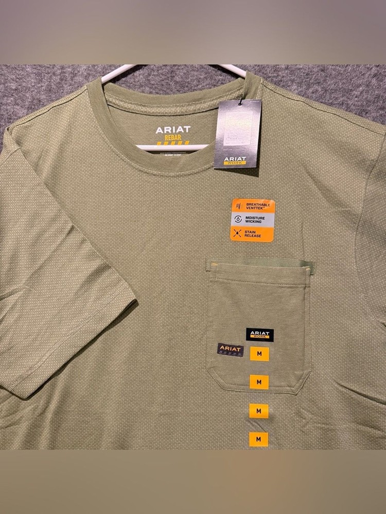 Ariat Rebar Work Pocket Tee Mens Medium Green Wicking Venttek 360 Shield NWT