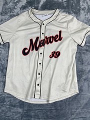 Marvel 3X Baseball Jersey Button-Up Avengers Graphic Back Beige & Red