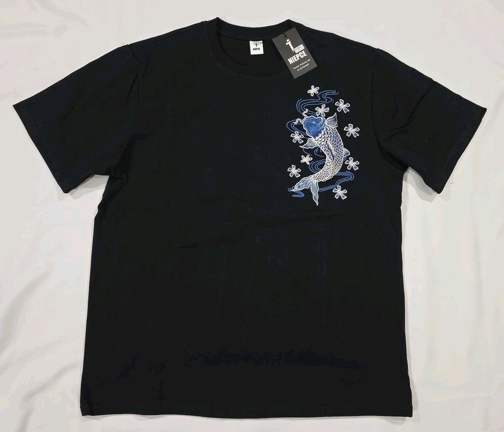 Niepce Blue Koi Embroidered Japanese Streetwear Black T-Shirt Men’s Large – NWT