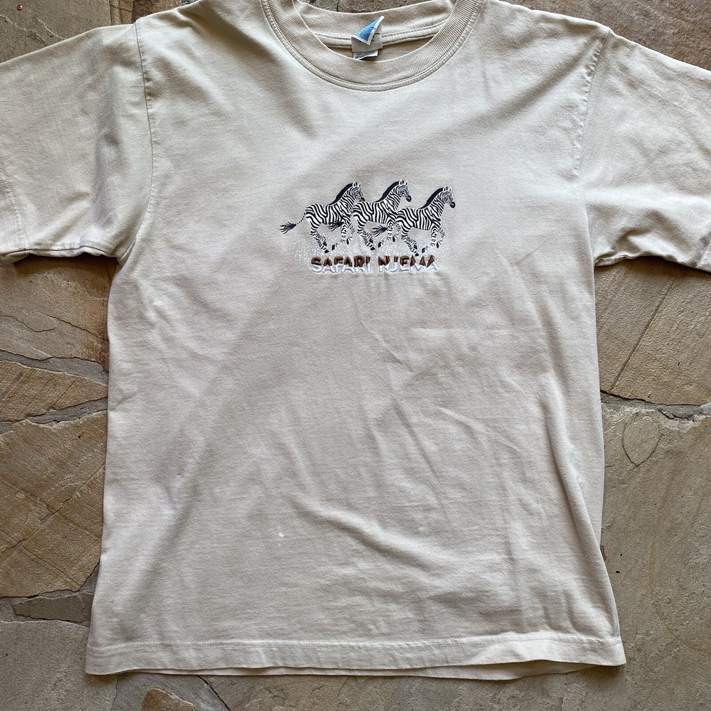 Vintage Kenya Shirt Safari Njema Embroidered Tshirt Medium Africa Zebra 80s