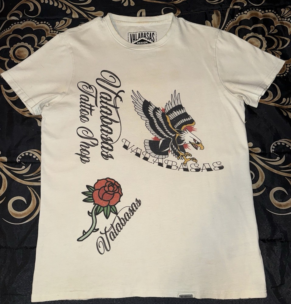 Valabasas Men’s White Tattoo Shop Eagle Skull Rose Graphic Crew Neck T-Shirt S