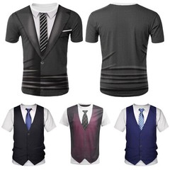 US Freebily Men’s Fake Suit Vest Tie Printed T-Shirt Casual Shirt Tuxedo Top