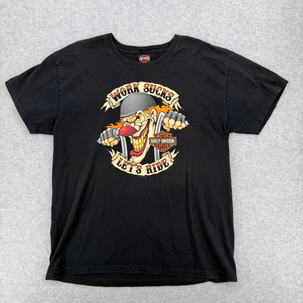 VTG Harley Davidson Graphic Tee Work Sucks Lets Ride Clown T-Shirt Mens XL Black