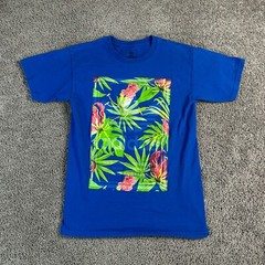 Adidas Shirt Mens Small Blue Green Trefoil Logo Monstera Leaf Hawaiian Casual