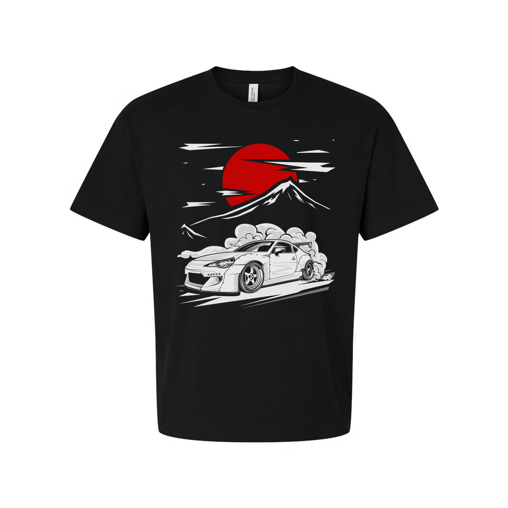Toyota GR86 Unisex T Shirt With Drift Car Graphic Under Red Sun And Mountain Sce