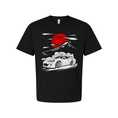 Toyota GR86 Unisex T Shirt With Drift Car Graphic Under Red Sun And Mountain Sce