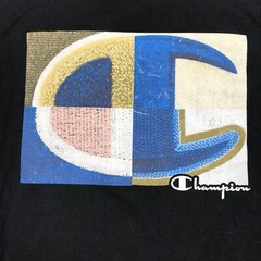 Champion Men Shirt Medium Black Crew Neck Cotton 90s Felt Multi Logo Graphic Tee
