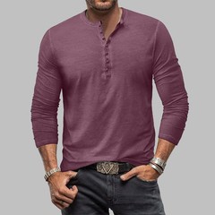 Mens Henley Grandad Casual Shirts Long Sleeve Muscle Slim Fit Button T Shirt Top