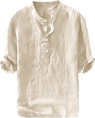 Men’s Casual Linen Cotton 3/4 Sleeve Henley T-Shirt – Lightweight Summer Top