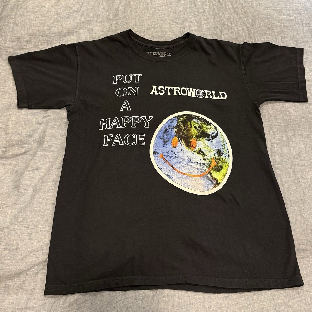 Travis Scott Black T Shirt Mens Large Astroworld 2018 Put On A Happy Face