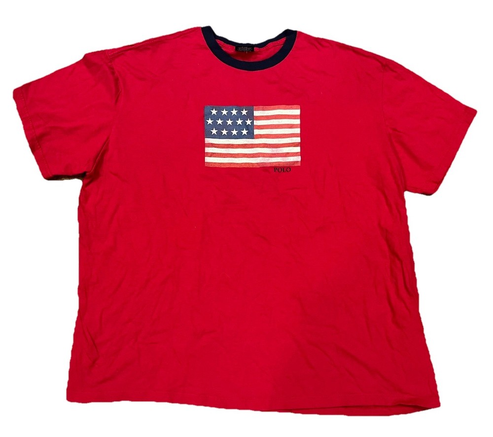 Vintage Polo Ralph Lauren American Flag Shirt Red Ringer T-Shirt VTG XXL 2XL