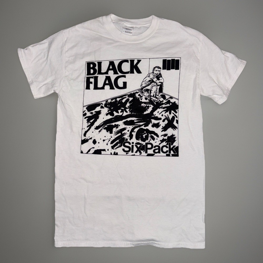BLACK FLAG Six Pack Size S Gildan White T-shirt – Punk Rock Hardcore Band Tour