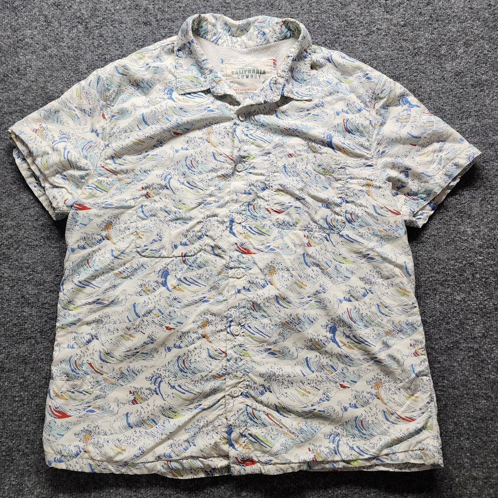 California Cowboy Mens High Water AOP Ocean Waves Terry Lined Button Shirt Large