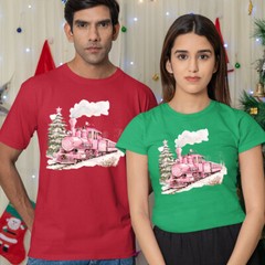 Christmas T-Shirt Pink Train Snowy Winter Scene Mens and Womens Tee #MC